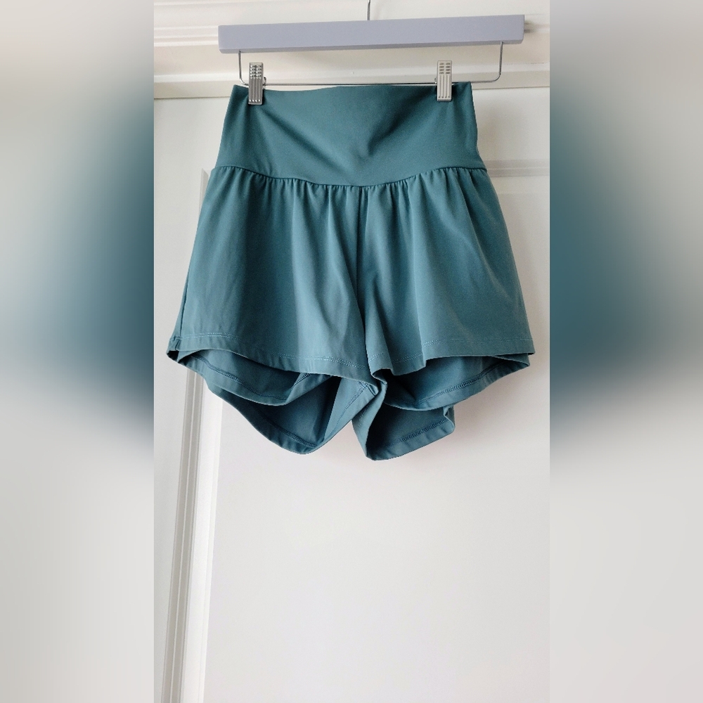 EUC-Halara Super High Waisted 2-in-1 Yoga Shorts 2.5in Blue Spruce Size S